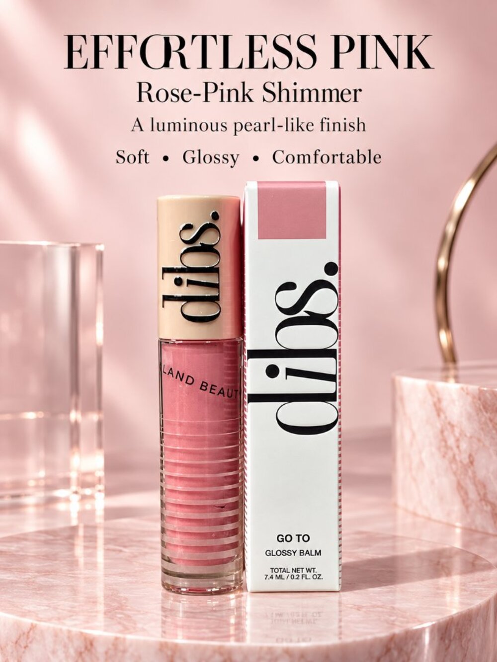 DIBS Go To Glossy Balm Effortless Pink Rose Shimmer Lip Gloss NIB